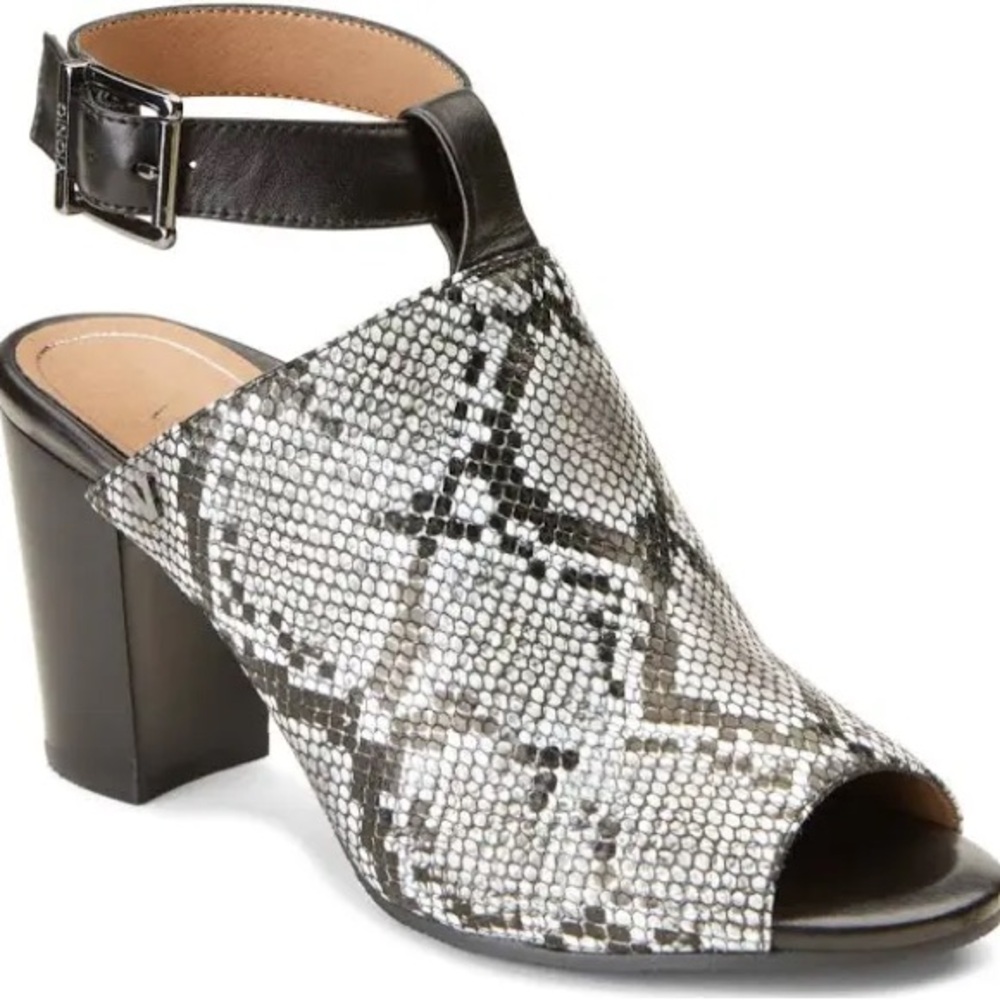 Vionic Kaia Snakeprint Leather Ankle Strap Heeled Sandal